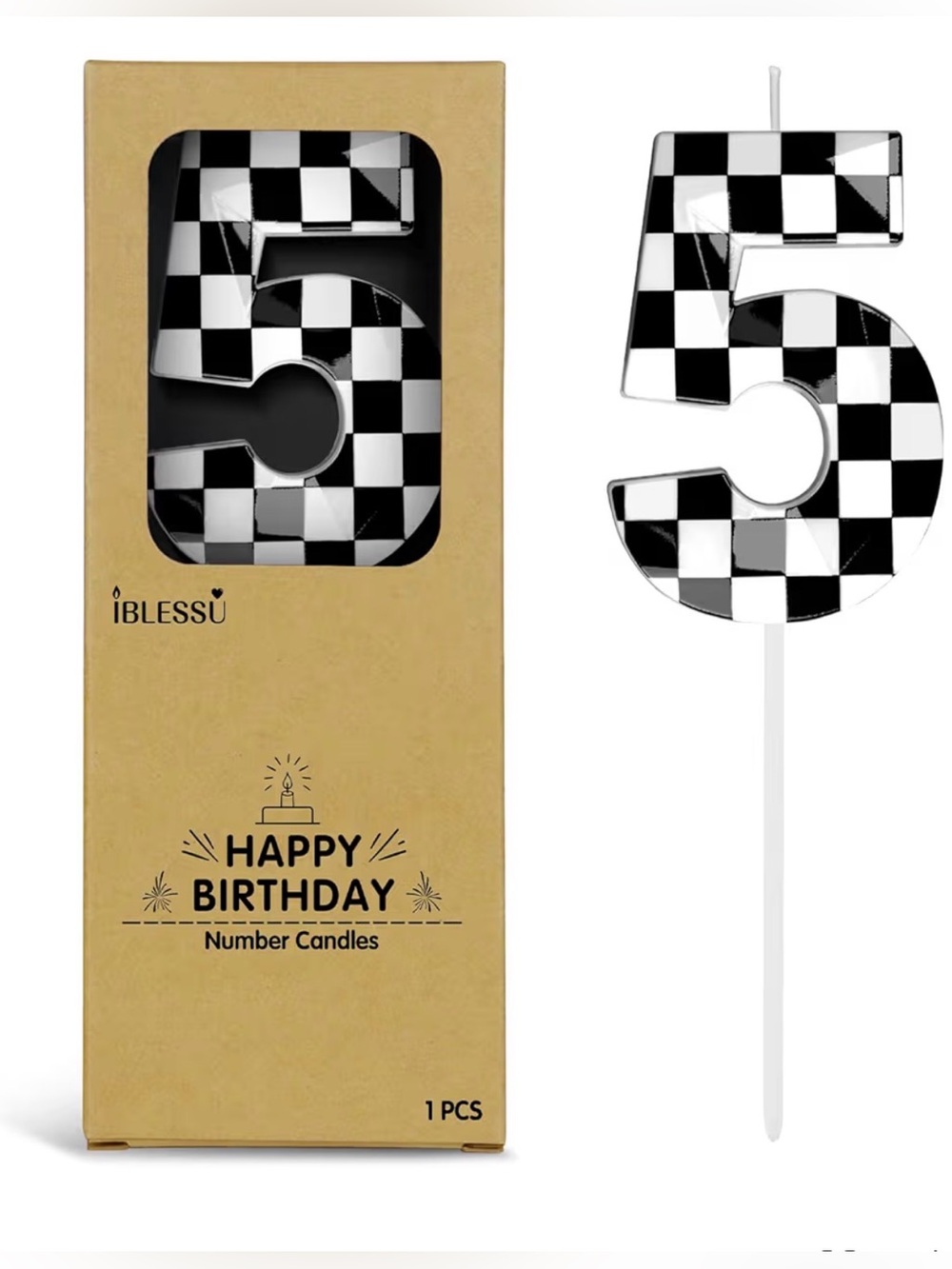 Racing Cars Themed Birthday Candle Number 5 Checkered 5, Black+White
